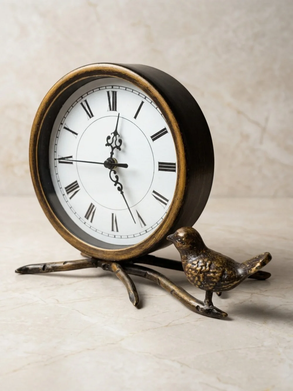 Rustic Bronze Finish Bird on Branch Analog Table Clock Decorative Home Decor